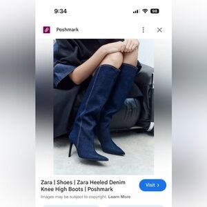 Zara Navy Denim Knee High Stiletto Boots